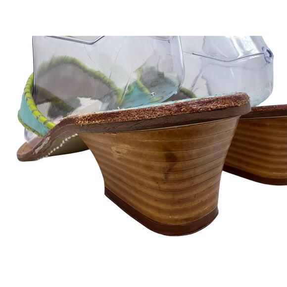 Jack Rogers Blue and Green Heeled Whip Stitch Leather Sandals 9 - Picture 6 of 9